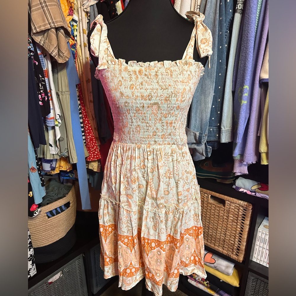 Chic Floral Smocked Dress - Orange and Green